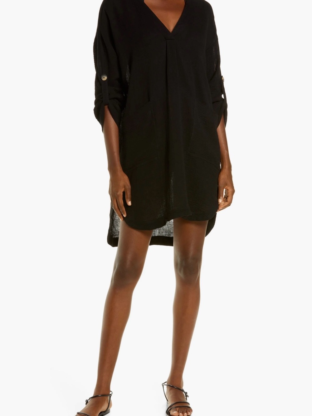 Seafolly Women's V Neck Roll Sleeves Swimsuit Cover-up Tunic  sz  M Black